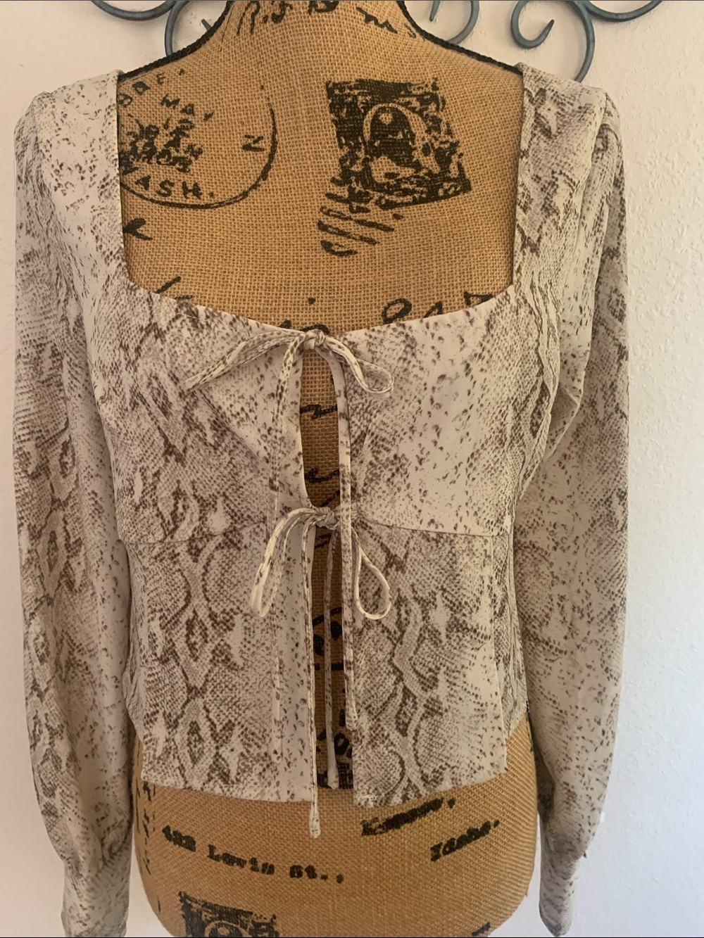 Leith Snake-Print Tie Front Blouse in Beige and Taupe
